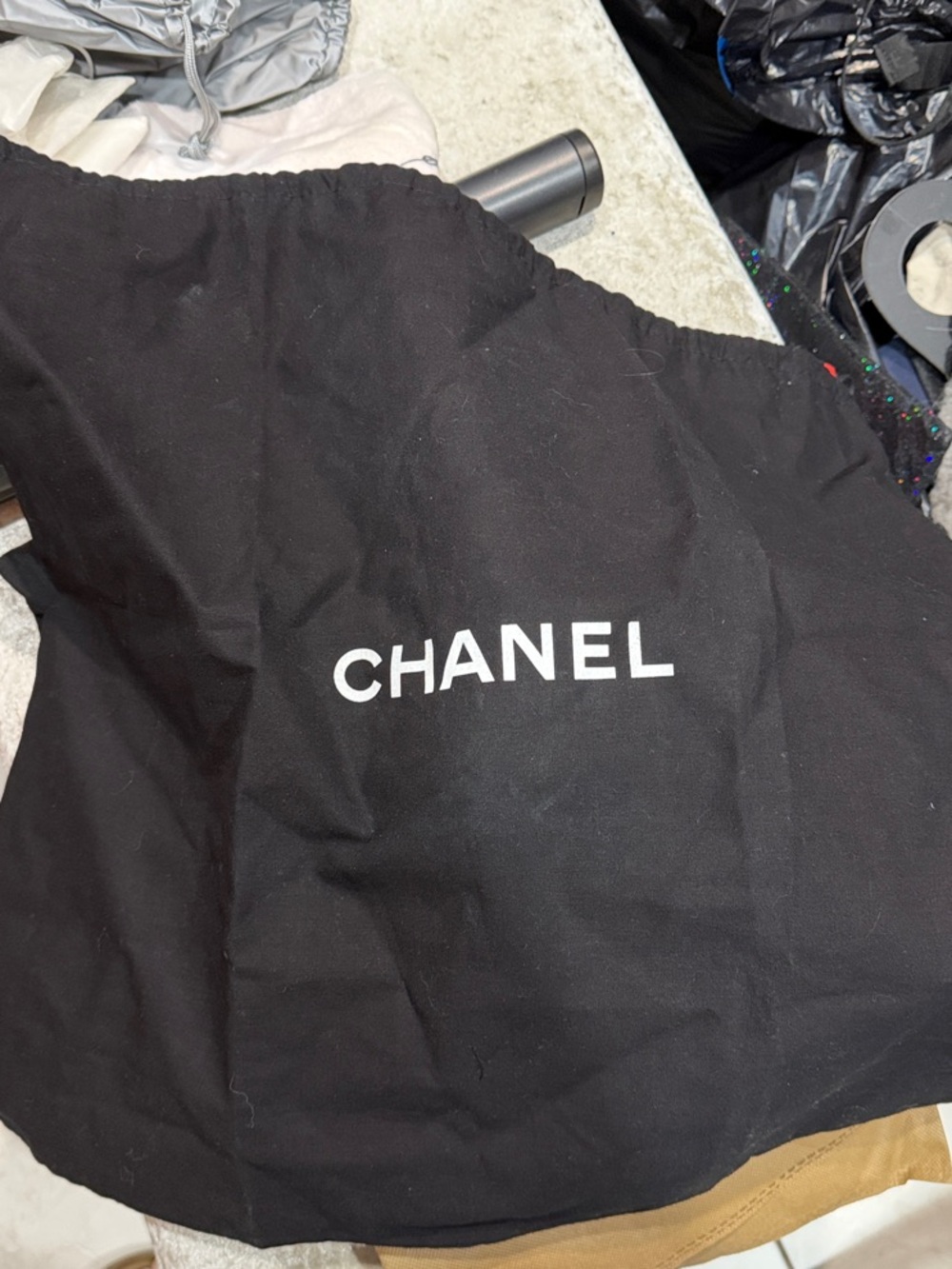 CHANEL Black Drawstring Dust Bag with White Logo